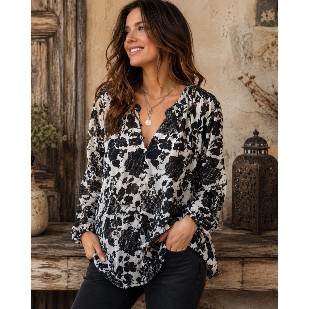 Black White Bold Floral Whimisygoth Chiffon V Neck Tunic Goth Dark Fairy Flowy S